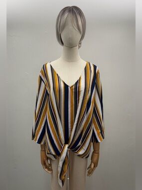 Misia Striped Tie-Front V-Neck Top in Mustard, Navy & White Size XXL